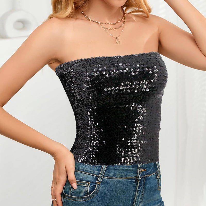 Naimo Women's Sparkly Bling Sequin Tube Top Sexy Stretchy Crop Top Party Costume Clubwear Camisoles (Black) - Image 3